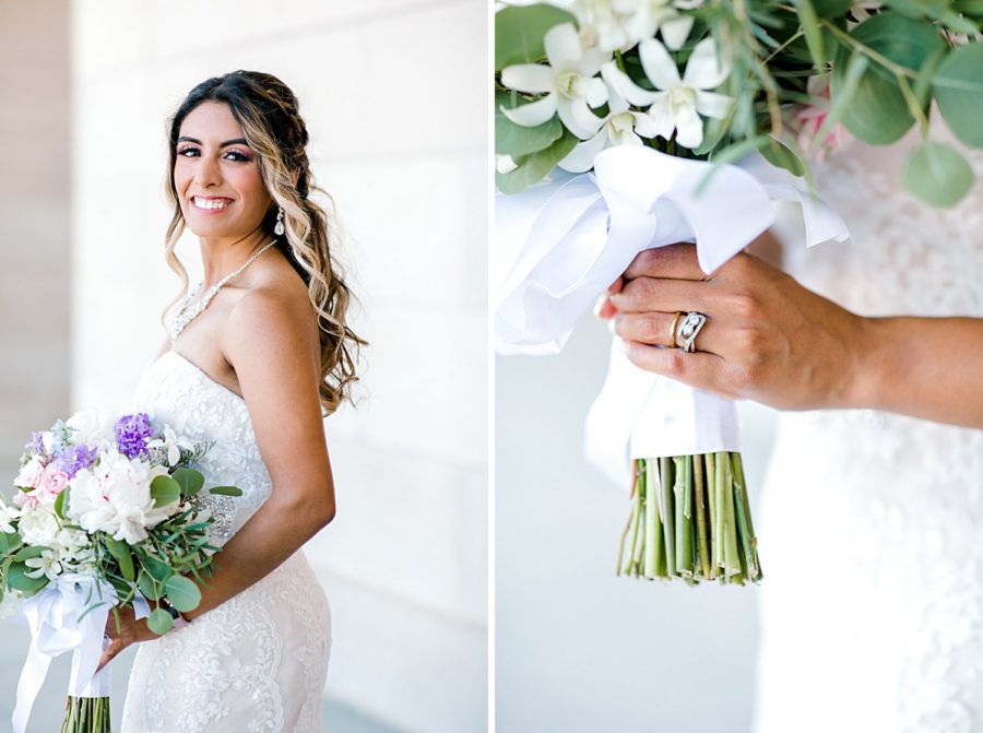 Bride with bouquet and wedding rings.