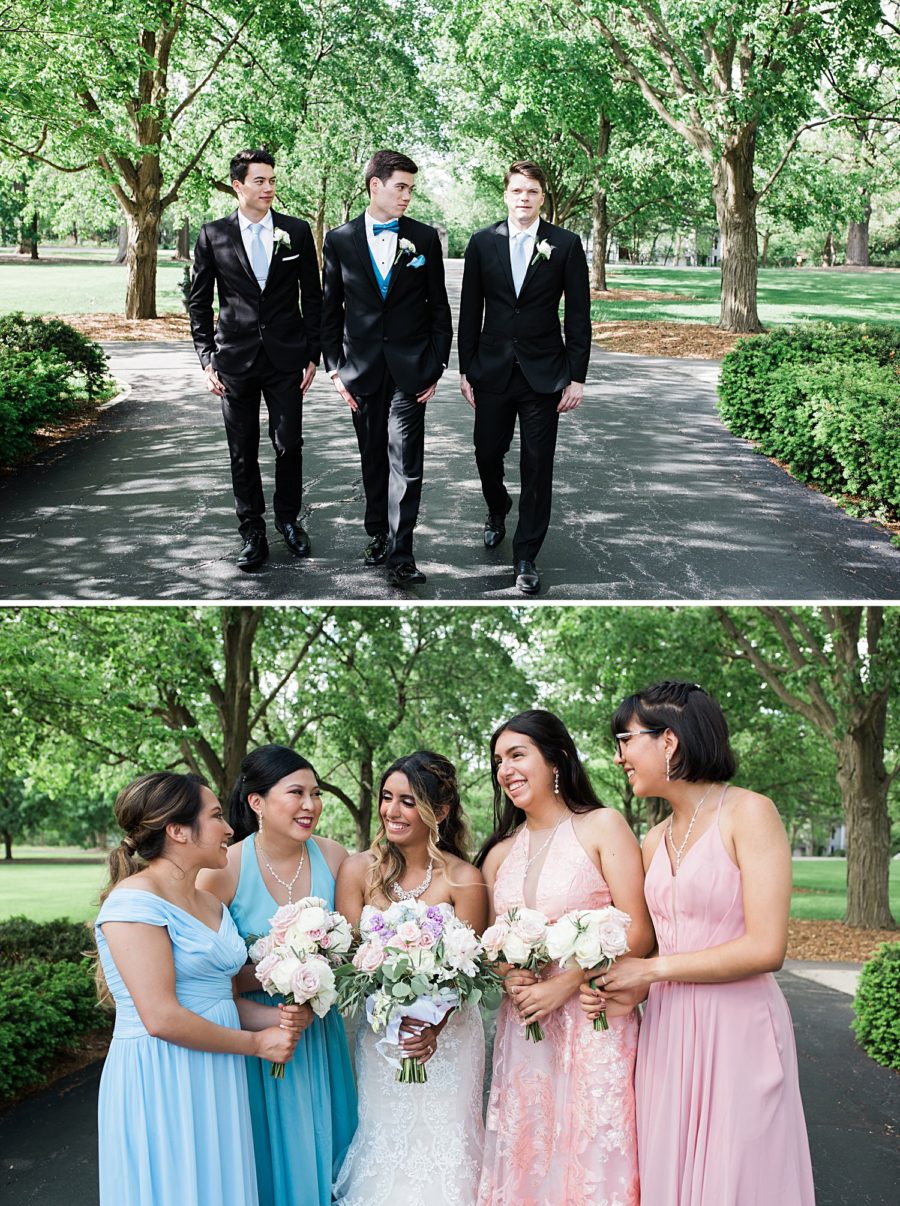 Groom with Groomsmen and Bride with bridesmaids portrait under a tree canopy in Cantigny Park, IL. ‖ Hazel + Skye » http://www.hazelandskye.com